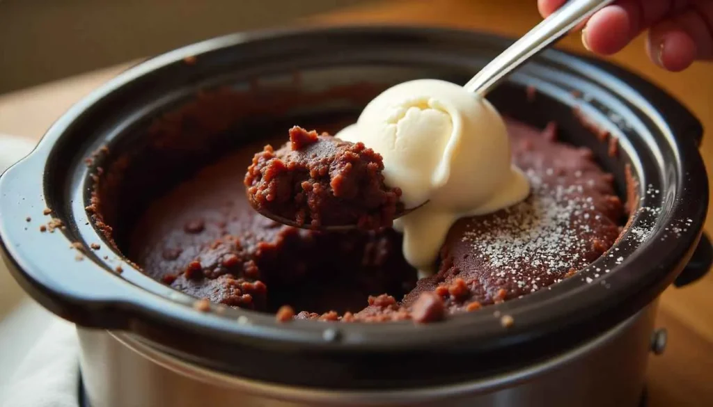 A spoonful of slow cooker chocolate lava cake with a gooey center and ice cream.
