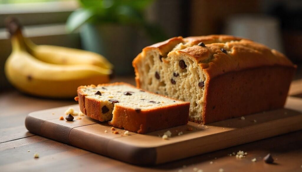 Freshly baked, moist banana bread recipe with two bananas and chocolate chips on a wooden board.