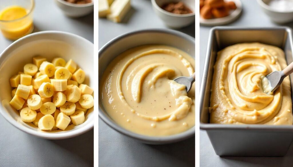 Step-by-step visual guide for making an easy moist banana bread recipe.