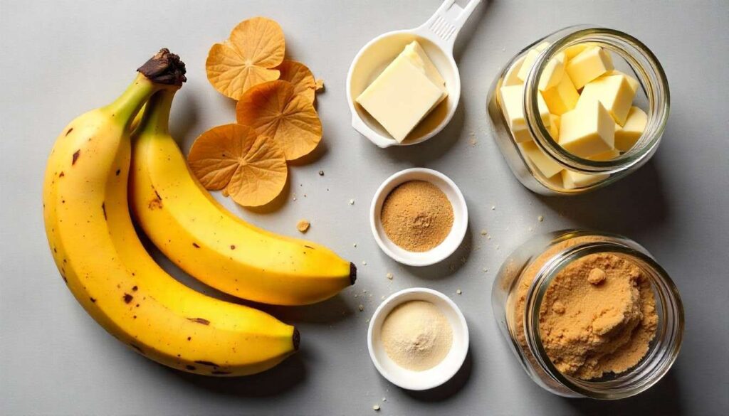 Ingredients for a simple banana bread recipe with two bananas including sour cream and brown sugar.