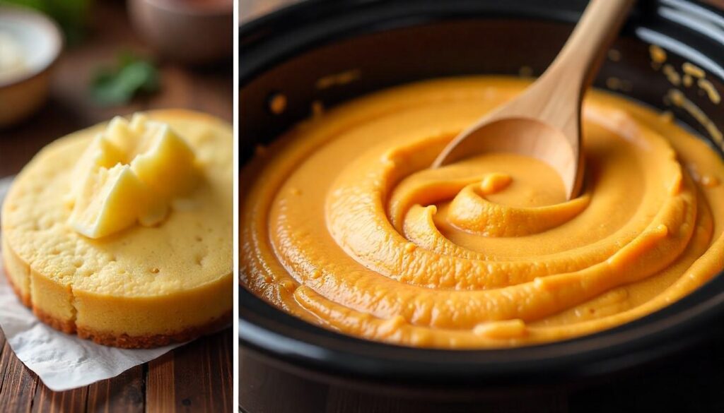 Step-by-step layers for making crock pot chocolate lava cake.