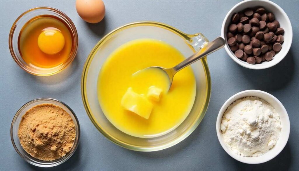 Ingredients for the ultimate chocolate chip cookie recipe including brown sugar and chocolate chips.