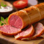 A homemade gyro meat log, freshly sliced, served with pita, tzatziki, and fresh vegetables.