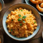 A complete hibachi-style dinner plate at home featuring fried rice, shrimp, and broccoli.