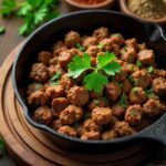 A skillet of cooked spiced ground lamb, the versatile base for many meals.
