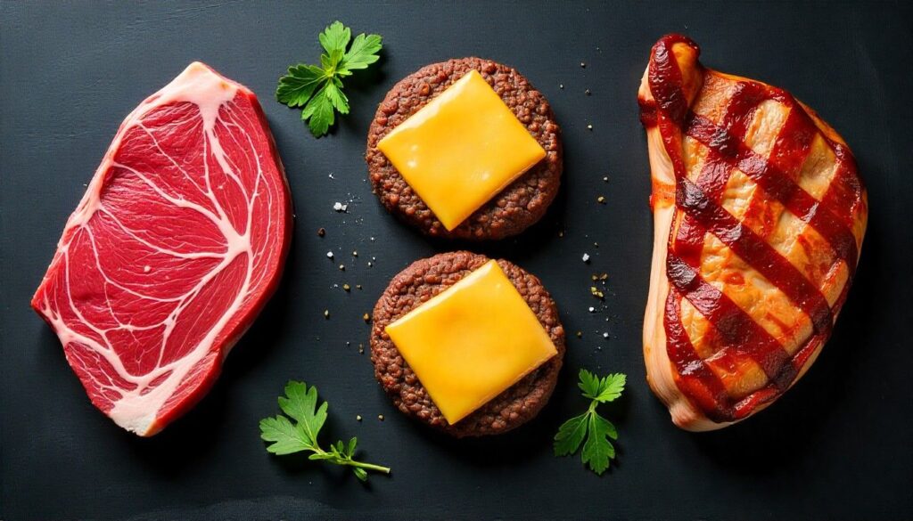 A trio of easy carnivore diet recipes: steak, burgers, and bacon-wrapped pork chops.