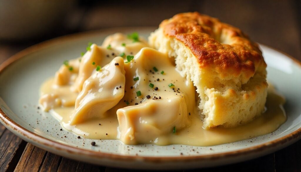 A plate of homemade chicken biscuits and gravy, showing a split biscuit with creamy chicken gravy.