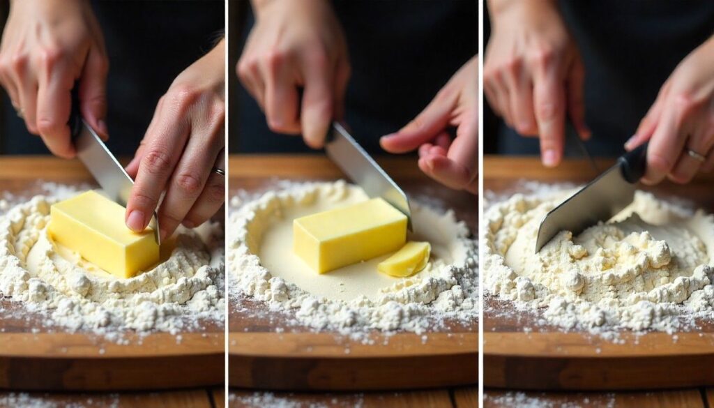 Step-by-step process photos for making chicken gravy and biscuits from scratch.