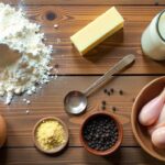 Raw ingredients for making a chicken biscuits and gravy recipe.