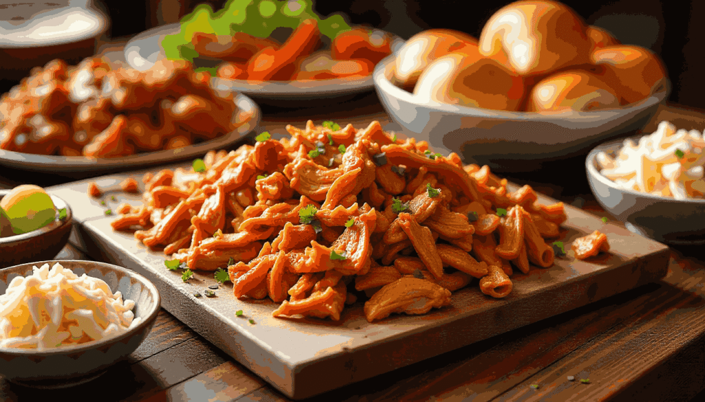 A BBQ chicken sandwich bar setup with chicken, buns, coleslaw, and toppings.