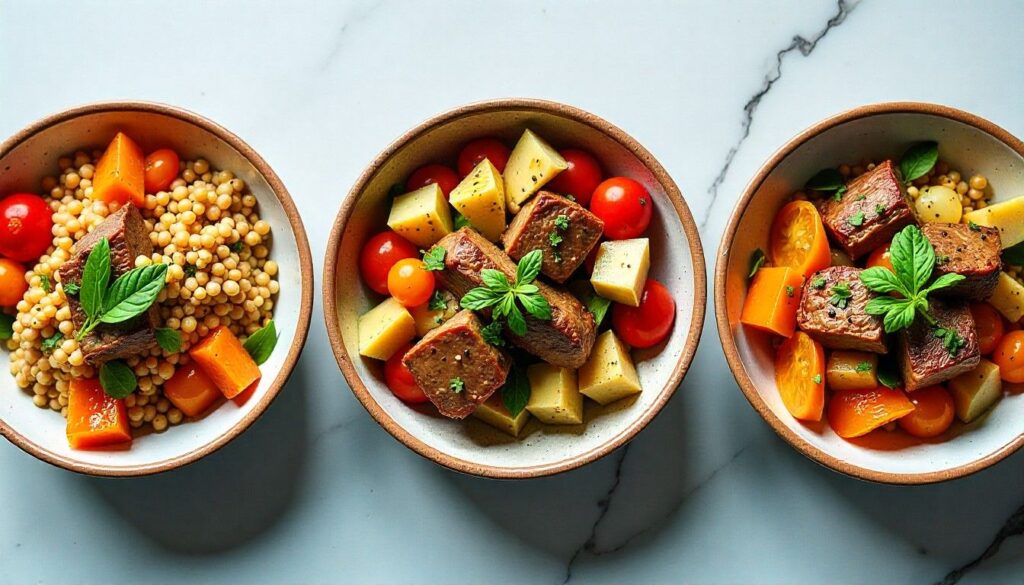 Three different meals made from one base ground lamb recipe: a bowl, a pita, and hummus.