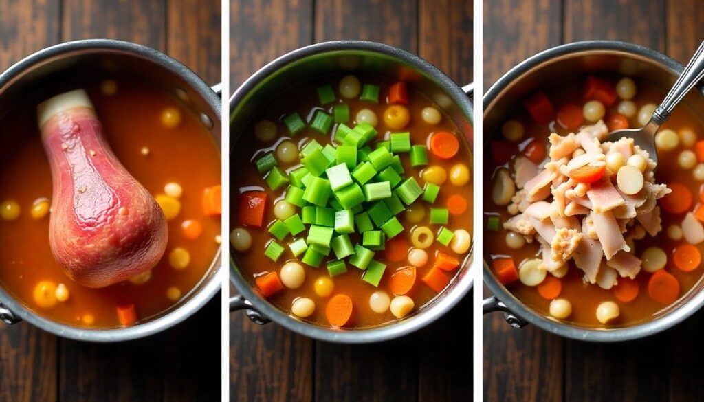 Step-by-step process for making navy bean and ham soup from scratch.