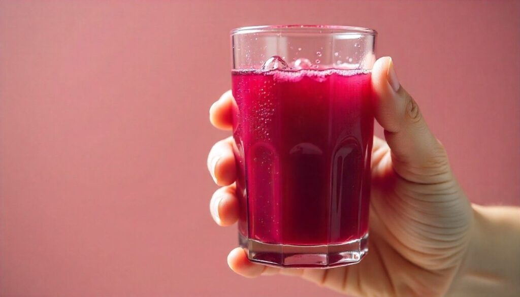 A close-up of a hand holding a refreshing glass of red beet juice.