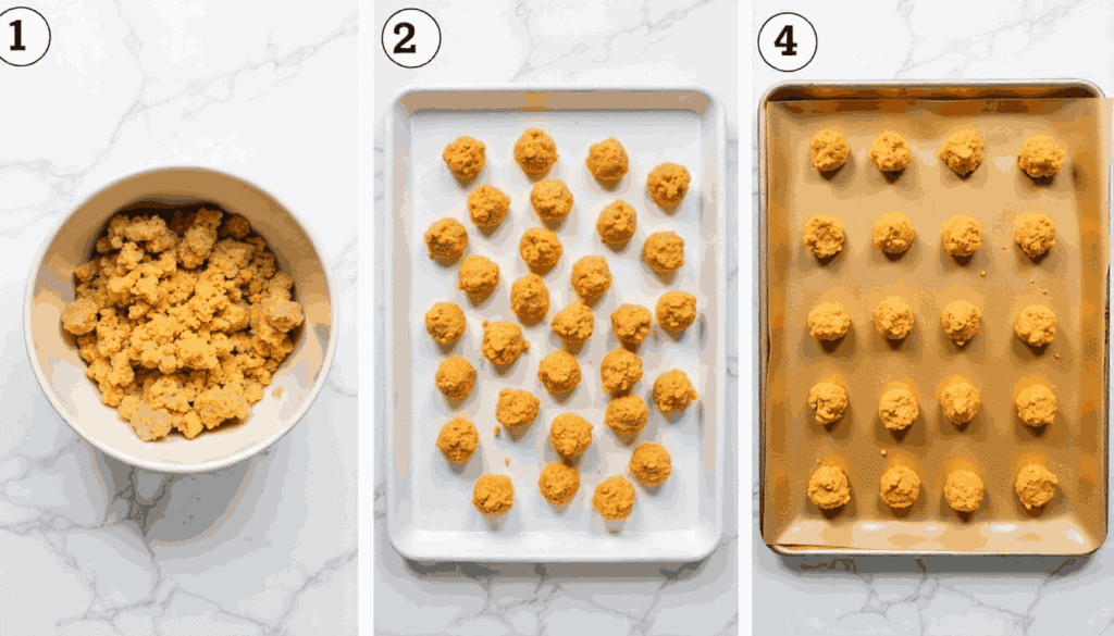 The process of making homemade nuggets from mixing to shaping to baking.
