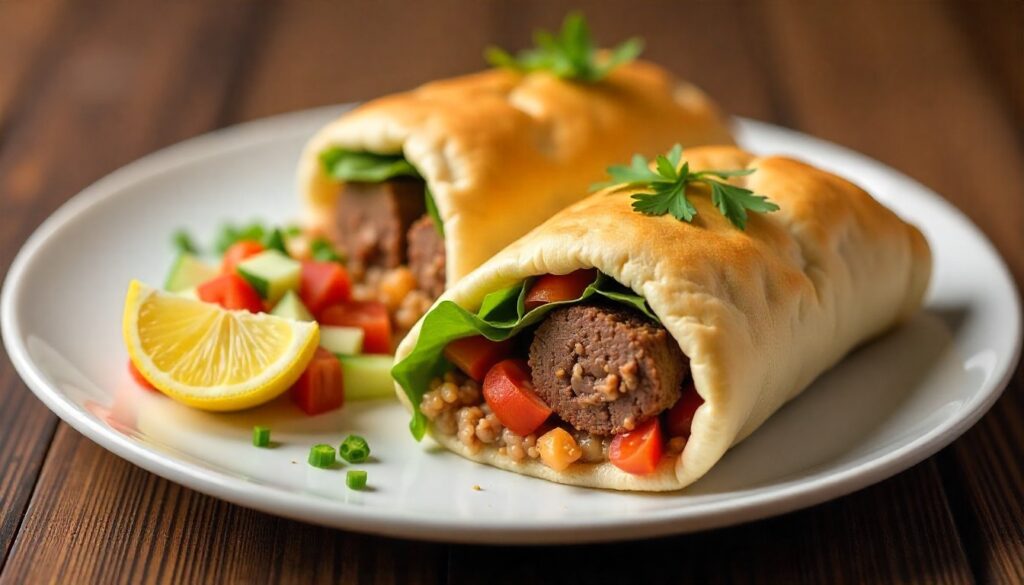A cross-section of a pita pocket filled with the spiced ground lamb and fresh toppings.