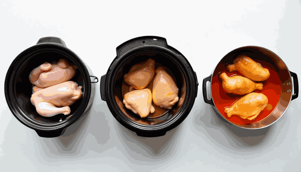 Three ways to cook BBQ shredded chicken: slow cooker, Instant Pot, and oven.