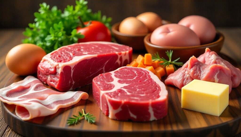 A variety of foods allowed on the carnivore diet like meat, eggs, and cheese.